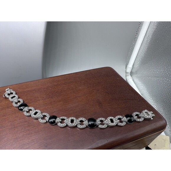 Marcasite & Onyx Art Deco Style 925 Sterling Link Bracelet - Picture 5 of 9